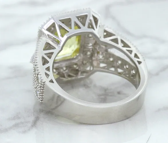 3.64ct Radiant Yellow Sapphire Ring with Diamond Halo in 18K White Gold