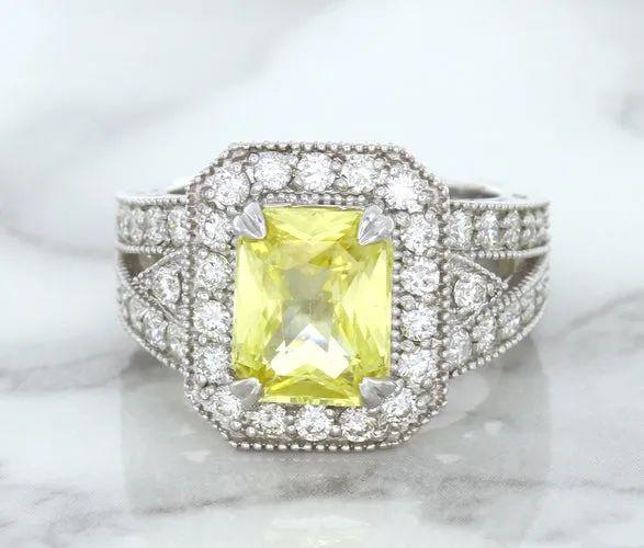 3.64ct Radiant Yellow Sapphire Ring with Diamond Halo in 18K White Gold