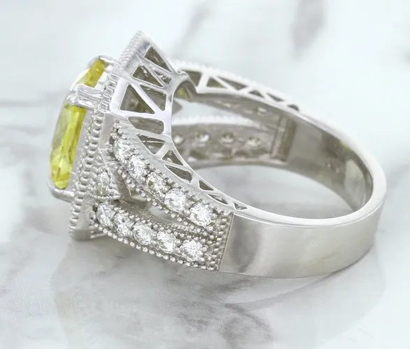 3.64ct Radiant Yellow Sapphire Ring with Diamond Halo in 18K White Gold