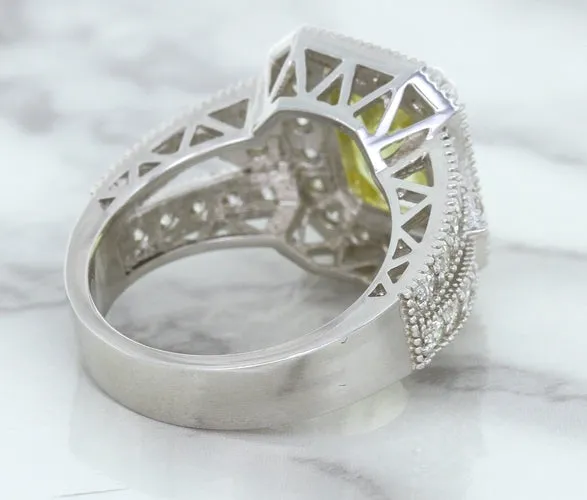 3.64ct Radiant Yellow Sapphire Ring with Diamond Halo in 18K White Gold