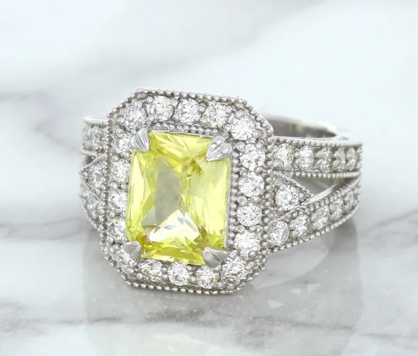 3.64ct Radiant Yellow Sapphire Ring with Diamond Halo in 18K White Gold