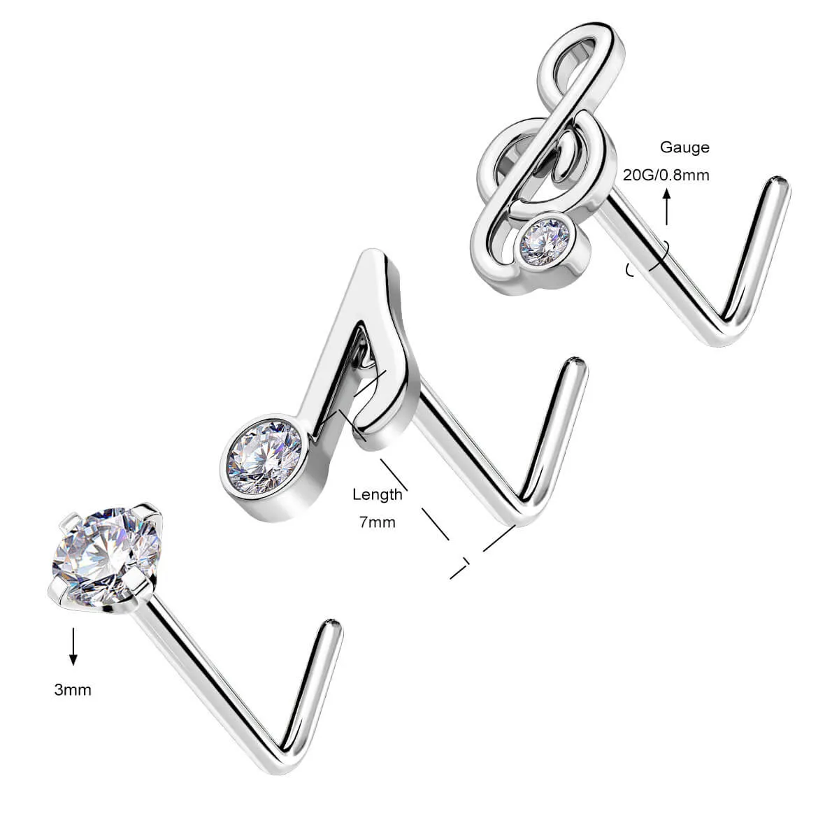 3PCS 20G Music Note L Shaped Nose Ring
