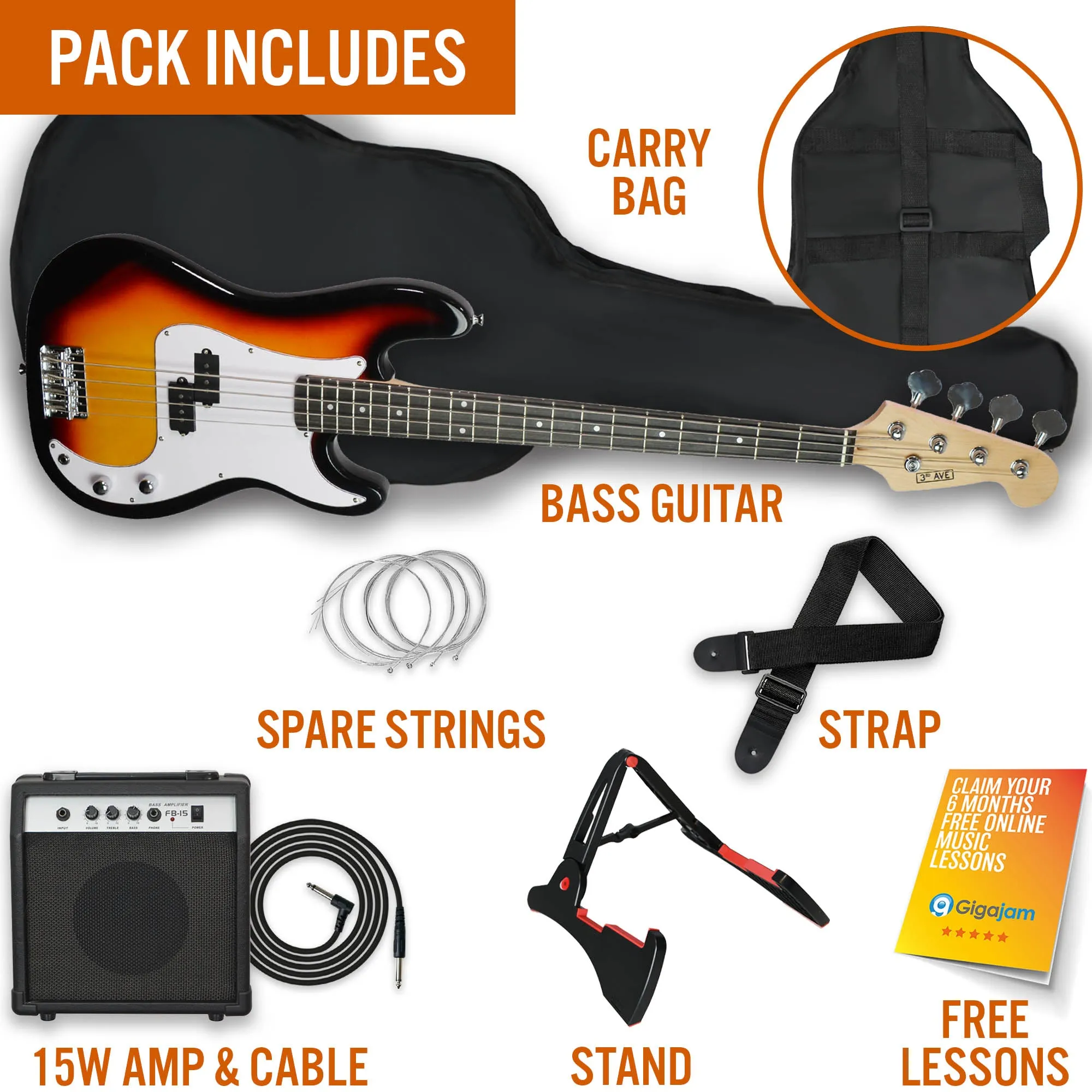 3rd Avenue Electric Bass Guitar Pack