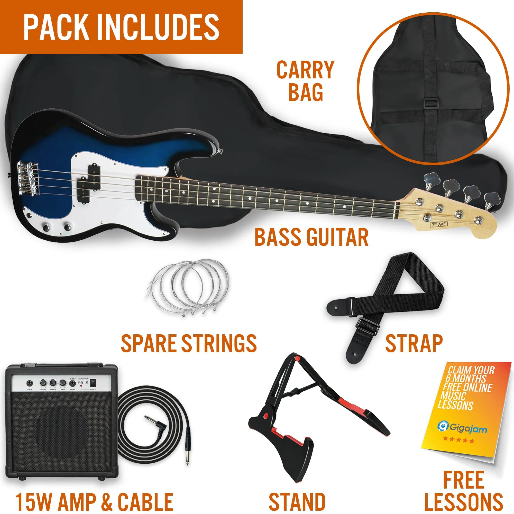 3rd Avenue Electric Bass Guitar Pack