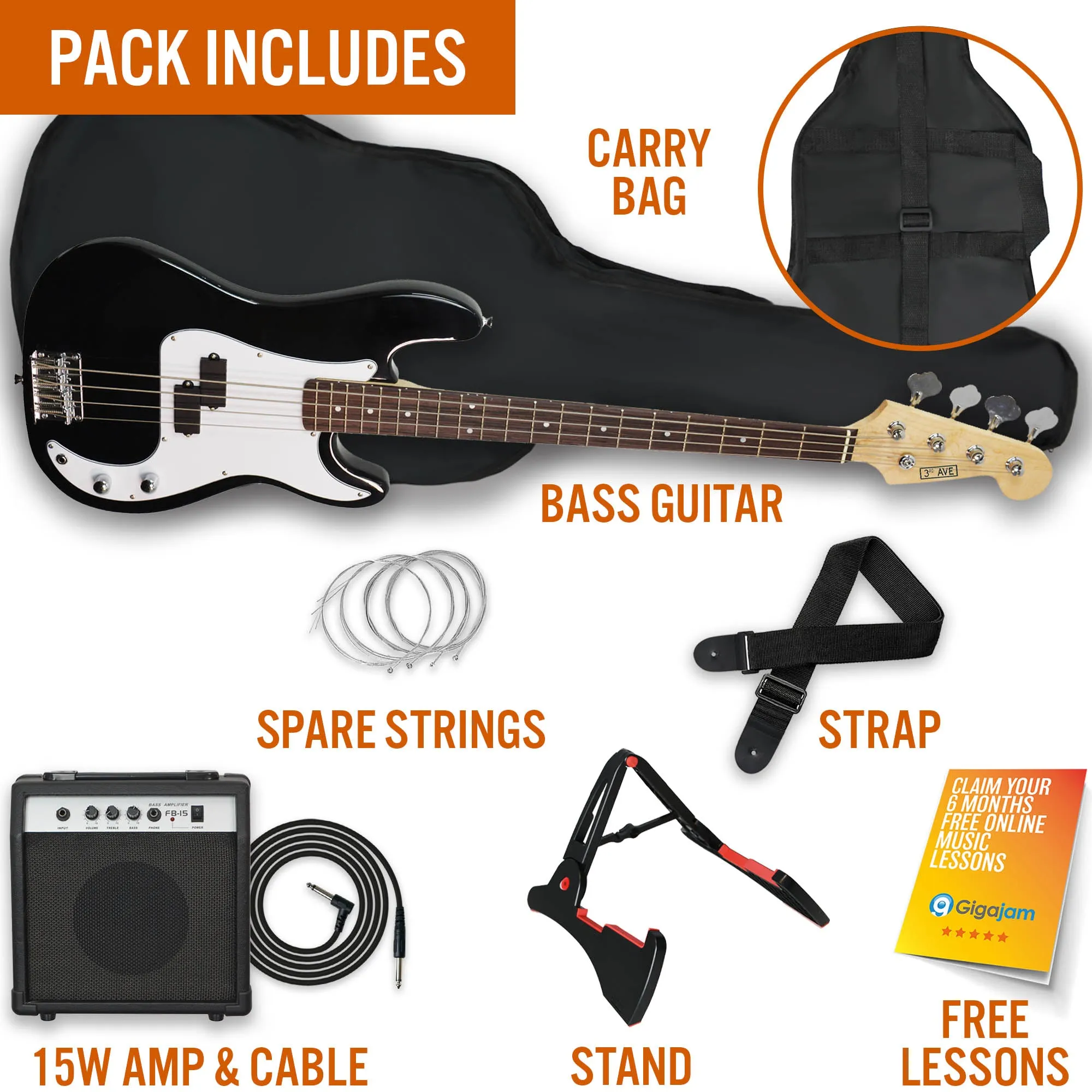 3rd Avenue Electric Bass Guitar Pack