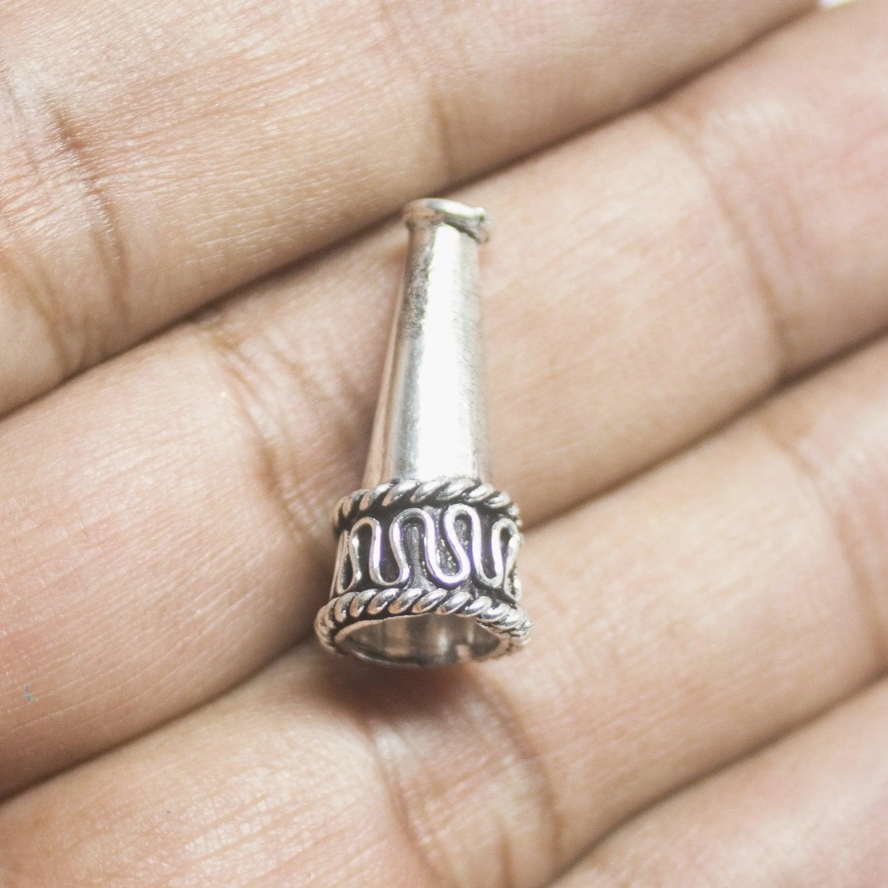 4 Tribal Bead Caps Antique Silver Tone Cone Charm