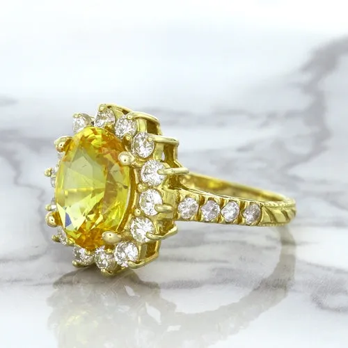 4.04ct Oval Yellow Sapphire Ring with Diamond Halo in 14K Yellow Gold