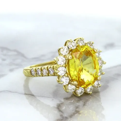 4.04ct Oval Yellow Sapphire Ring with Diamond Halo in 14K Yellow Gold