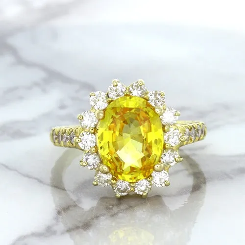 4.04ct Oval Yellow Sapphire Ring with Diamond Halo in 14K Yellow Gold