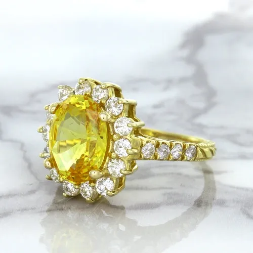 4.04ct Oval Yellow Sapphire Ring with Diamond Halo in 14K Yellow Gold