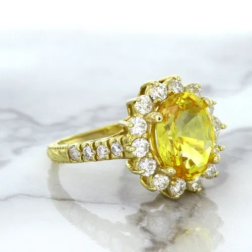 4.04ct Oval Yellow Sapphire Ring with Diamond Halo in 14K Yellow Gold