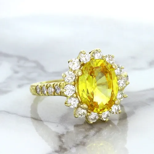 4.04ct Oval Yellow Sapphire Ring with Diamond Halo in 14K Yellow Gold