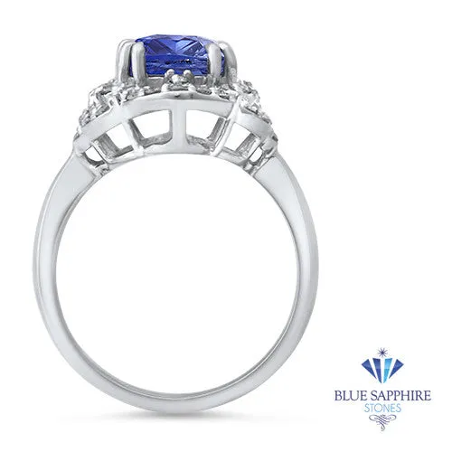 4.37ct Radiant Blue Sapphire Ring with Diamond Halo in Platinum
