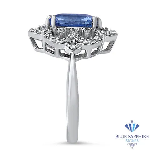 4.37ct Radiant Blue Sapphire Ring with Diamond Halo in Platinum