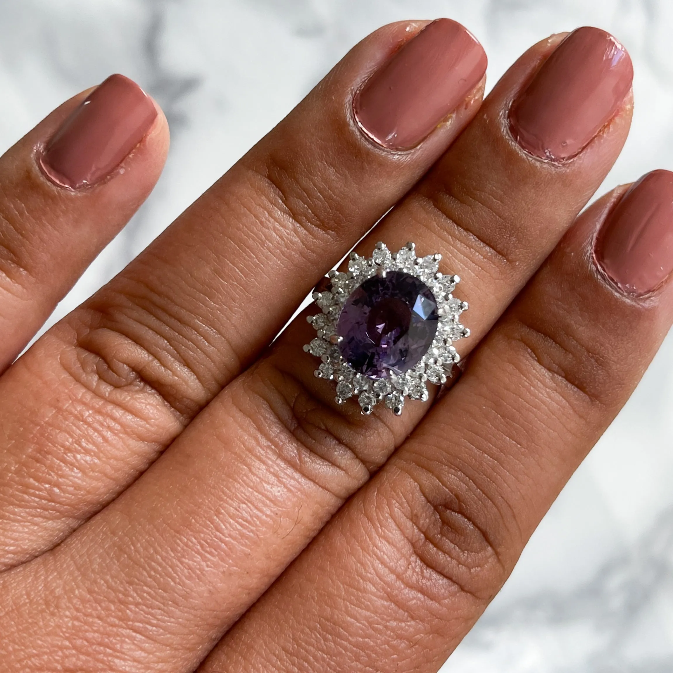 4.67ct Oval Purple Spinel Ring with Double Diamond Halo in 14K White Gold