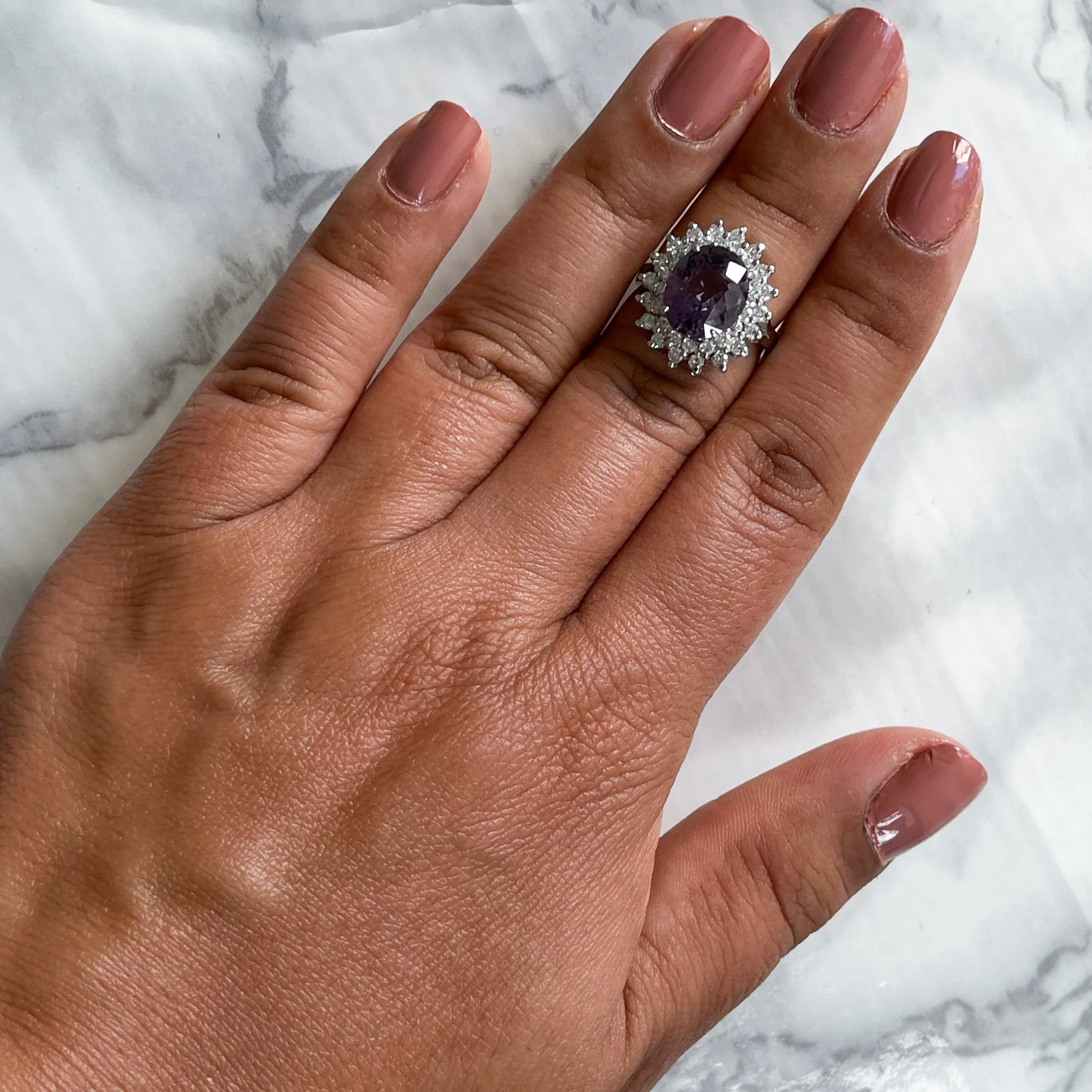 4.67ct Oval Purple Spinel Ring with Double Diamond Halo in 14K White Gold