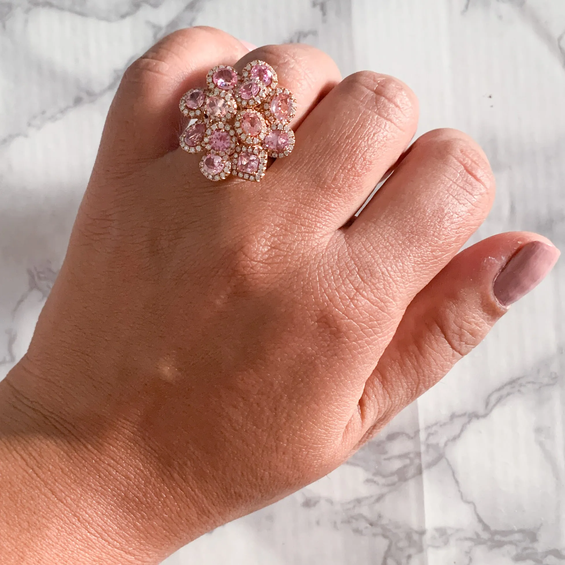 4.99ctw Floral Padparadscha Ring with Diamond Accents in 18K Rose Gold