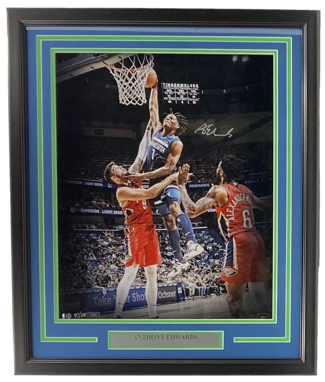Anthony Edwards Signed Framed 16x20 Timberwolves Dunk vs Pelicans Photo Panini