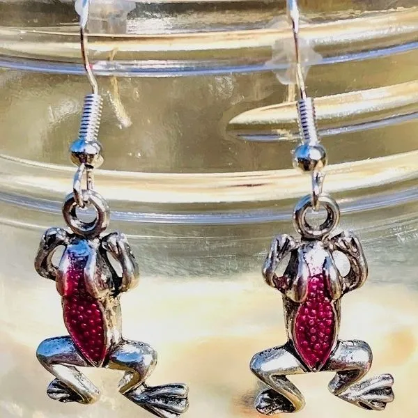 Antique Silver and Colored Enamel Frog Earrings