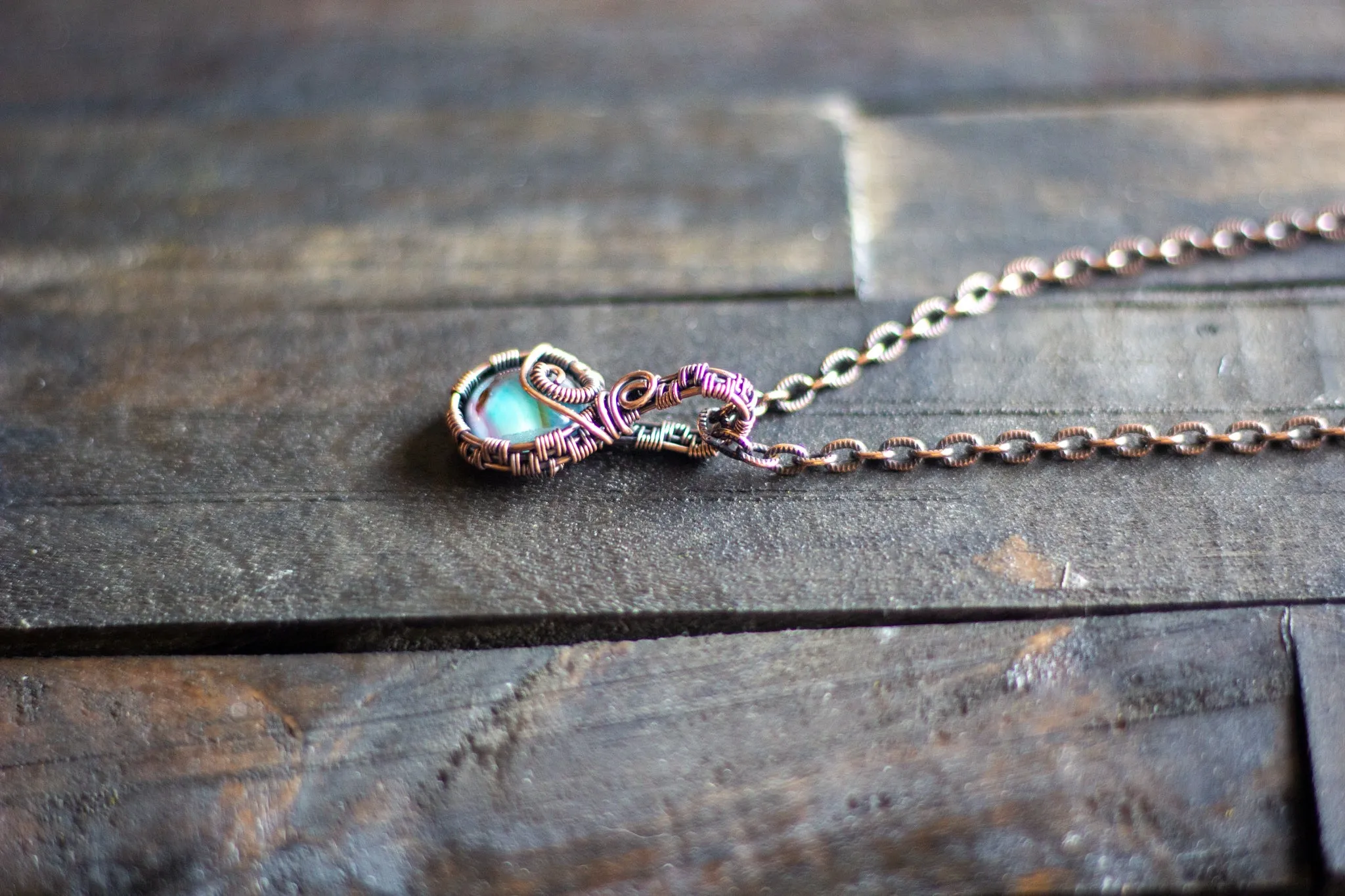 Aqua Fused Glass Mini Pendant with Copper Wire Wrapping