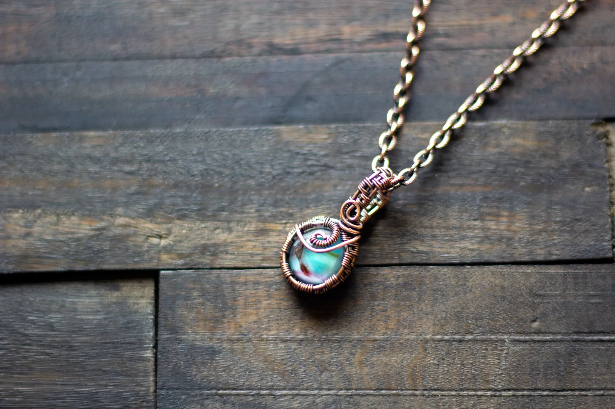 Aqua Fused Glass Mini Pendant with Copper Wire Wrapping
