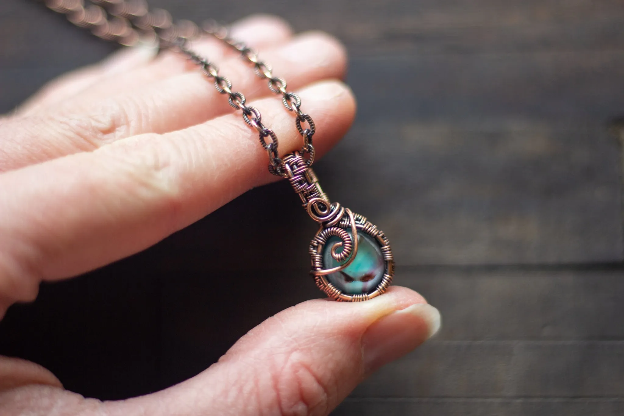 Aqua Fused Glass Mini Pendant with Copper Wire Wrapping