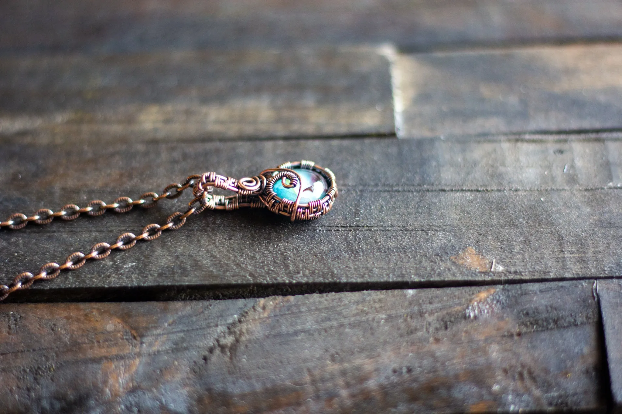 Aqua Fused Glass Mini Pendant with Copper Wire Wrapping