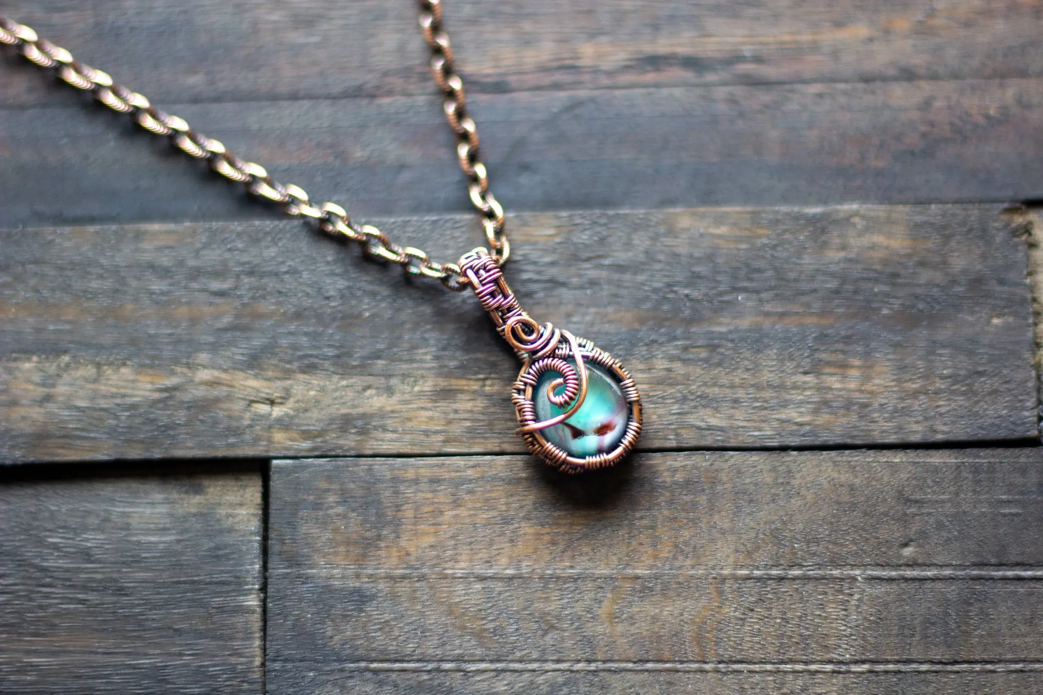 Aqua Fused Glass Mini Pendant with Copper Wire Wrapping