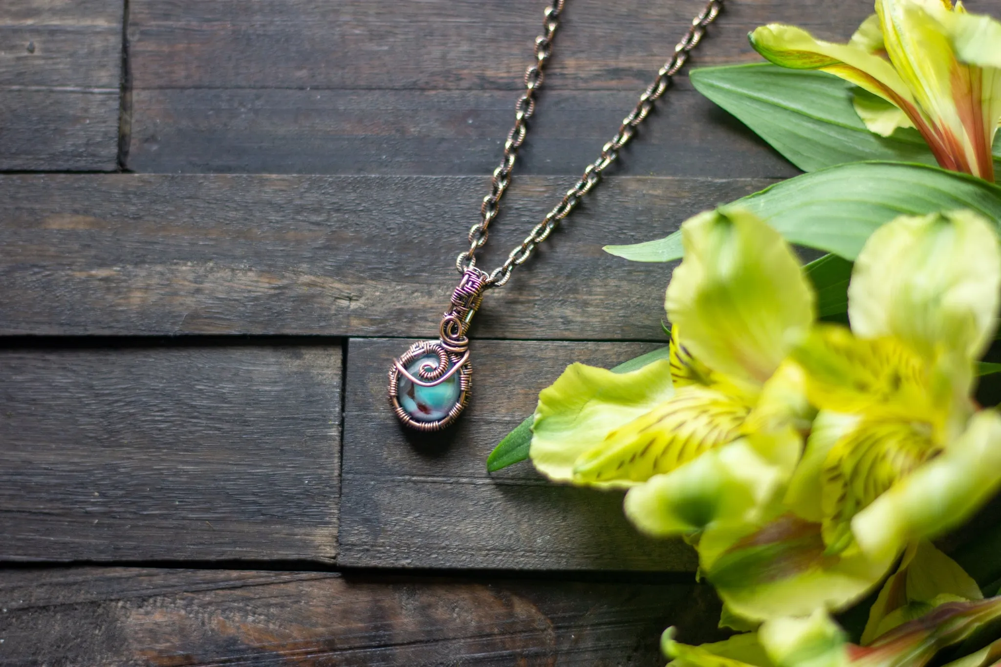 Aqua Fused Glass Mini Pendant with Copper Wire Wrapping