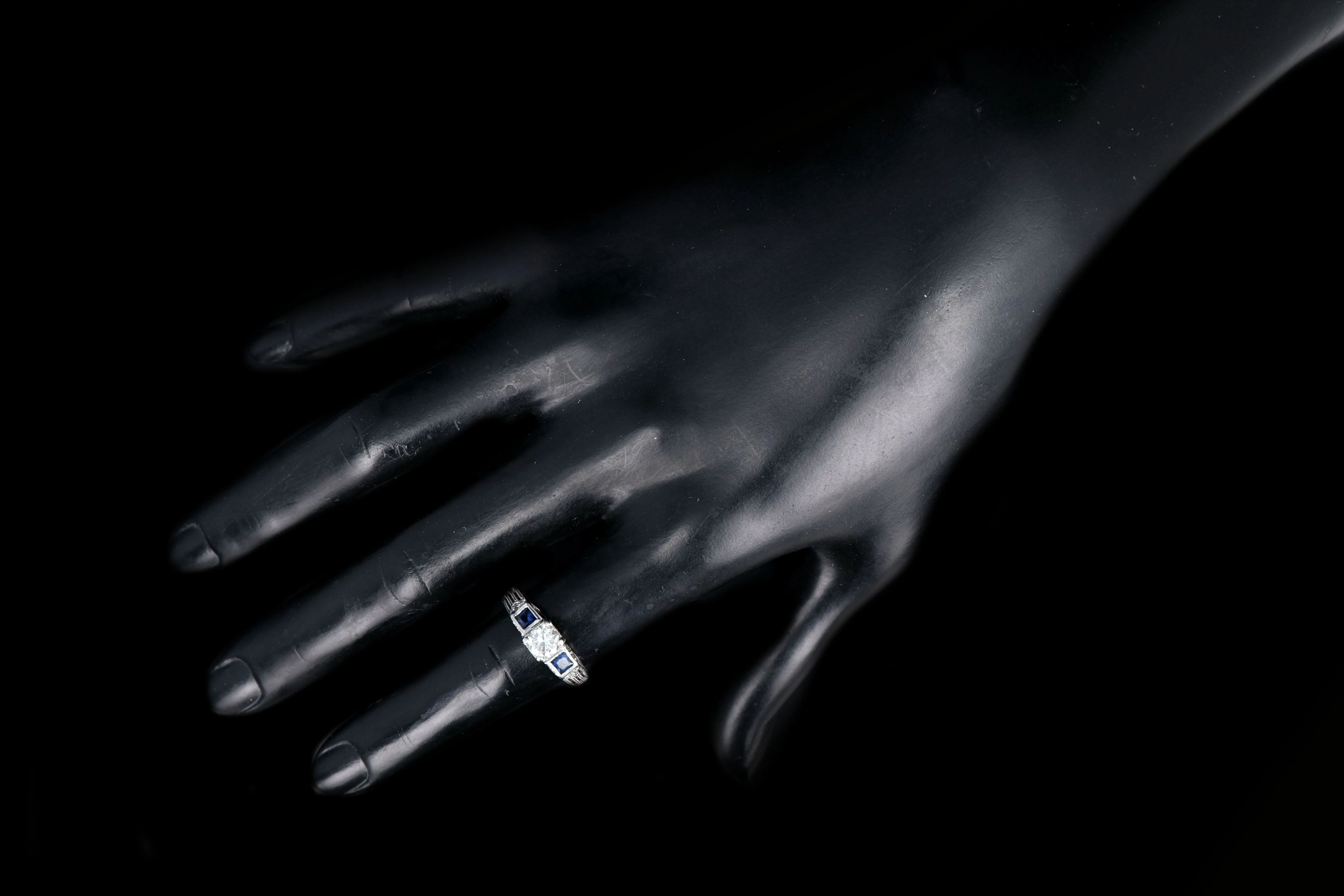 Art Deco Inspired 18K White Gold .50 Carat Diamond and Sapphire Ring