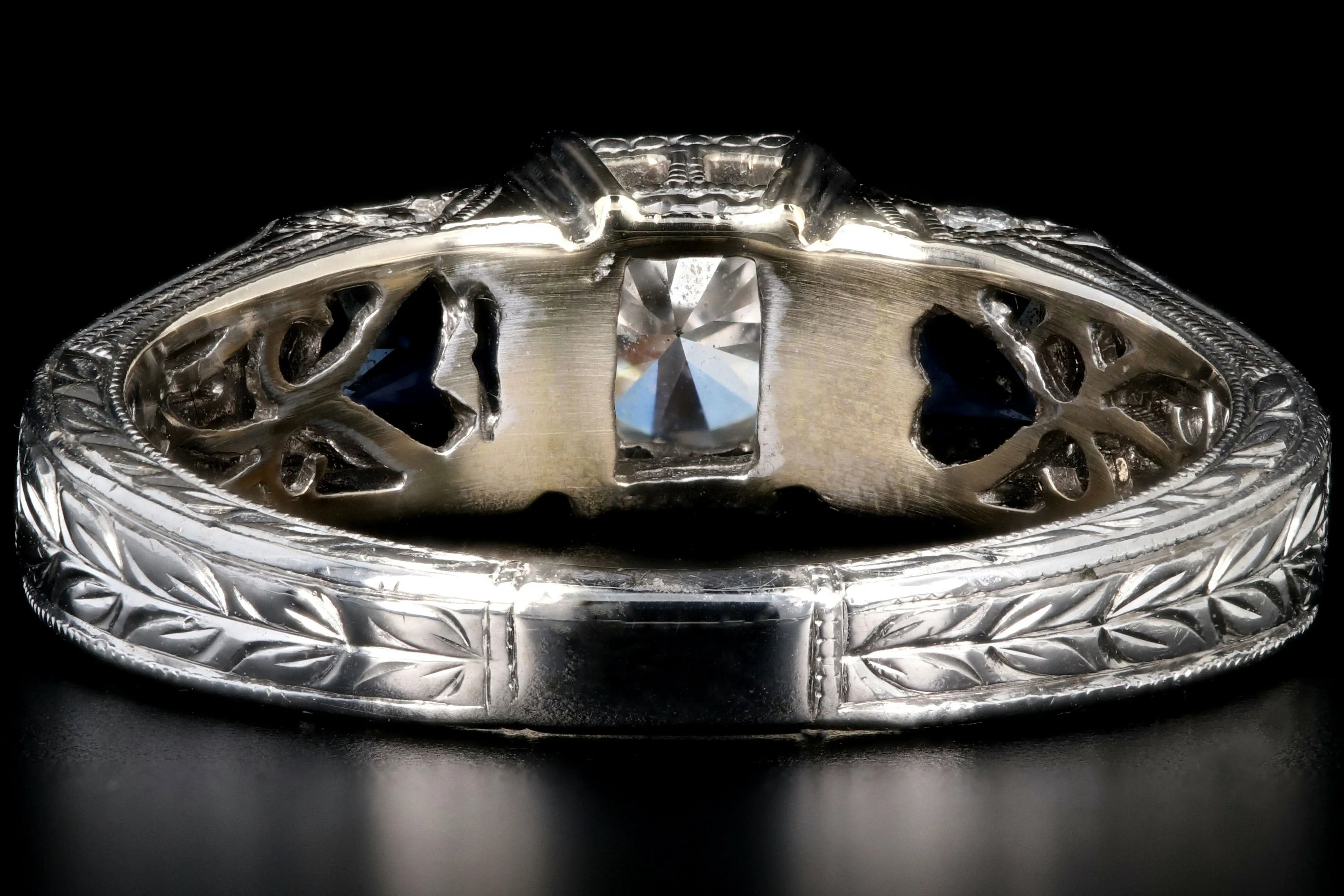 Art Deco Inspired 18K White Gold .50 Carat Diamond and Sapphire Ring