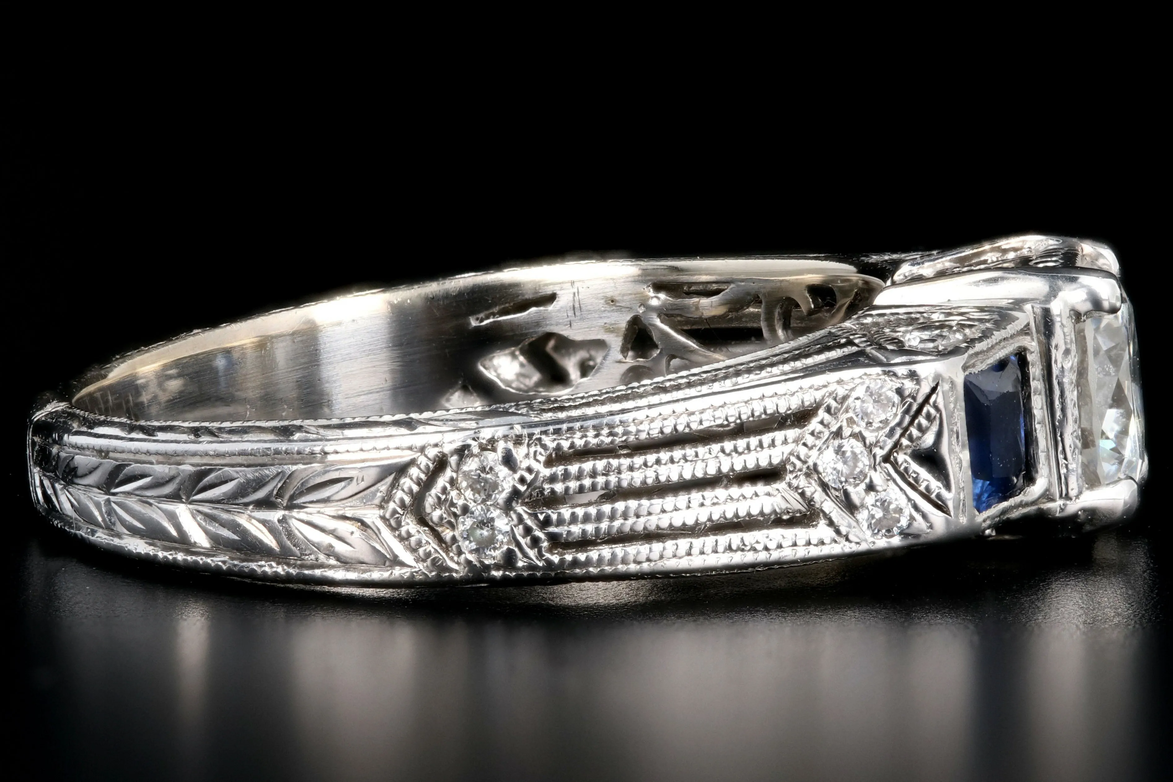 Art Deco Inspired 18K White Gold .50 Carat Diamond and Sapphire Ring