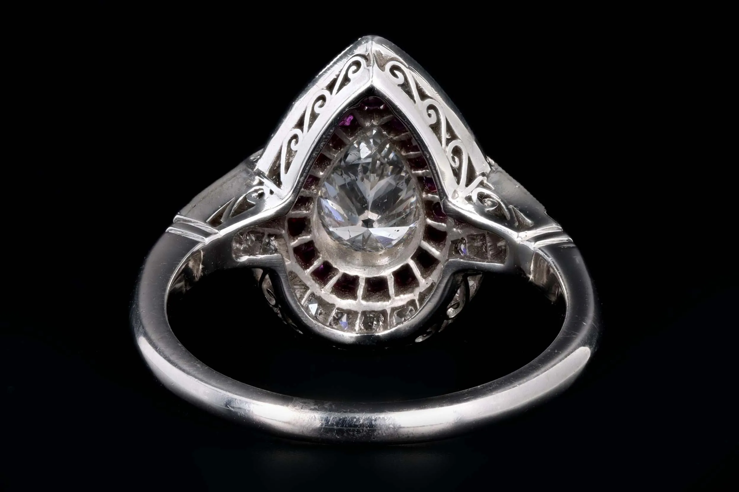 Art Deco Inspired .76 Carat Pear Cut Diamond & Natural Ruby Halo Engagement Ring