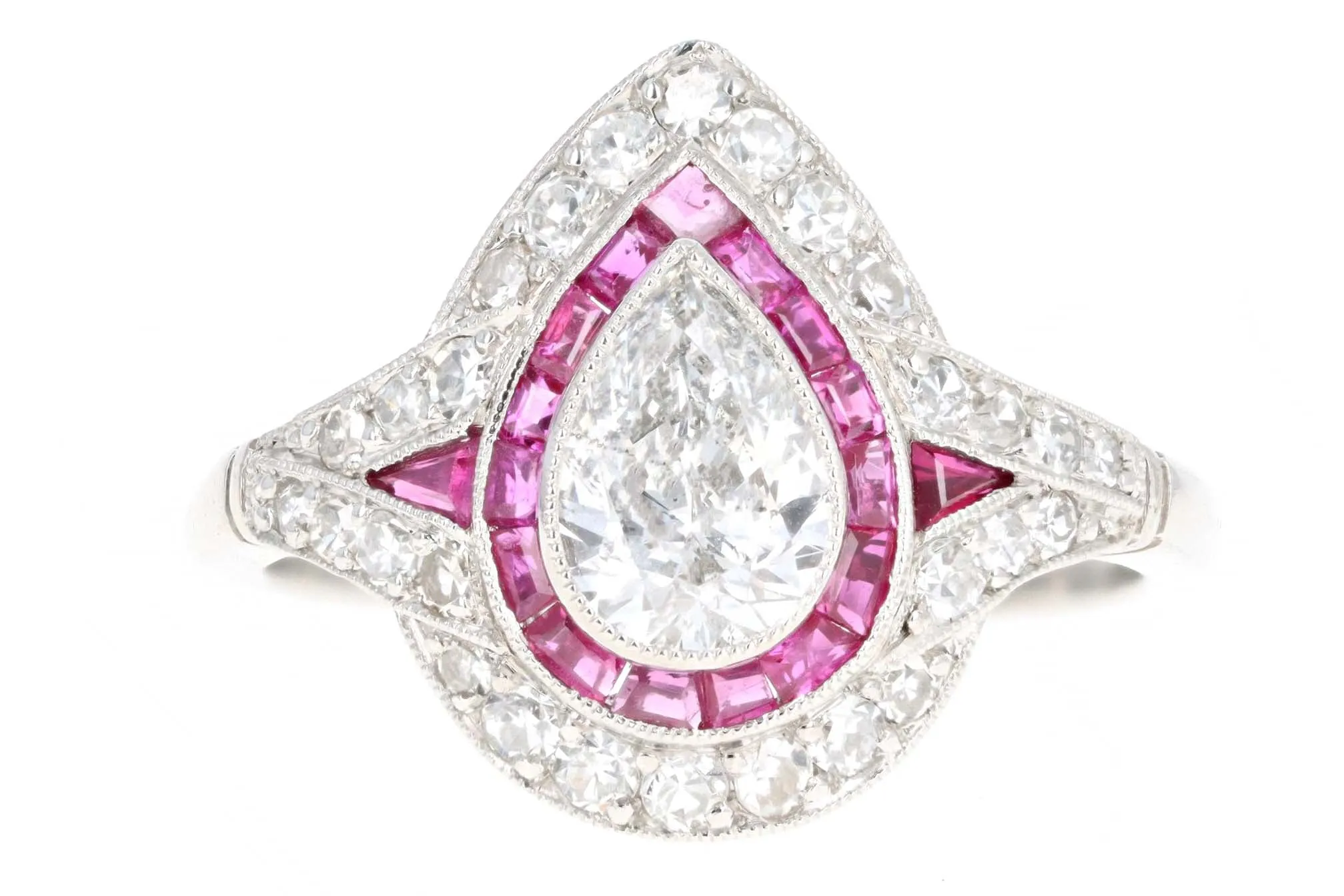 Art Deco Inspired .76 Carat Pear Cut Diamond & Natural Ruby Halo Engagement Ring