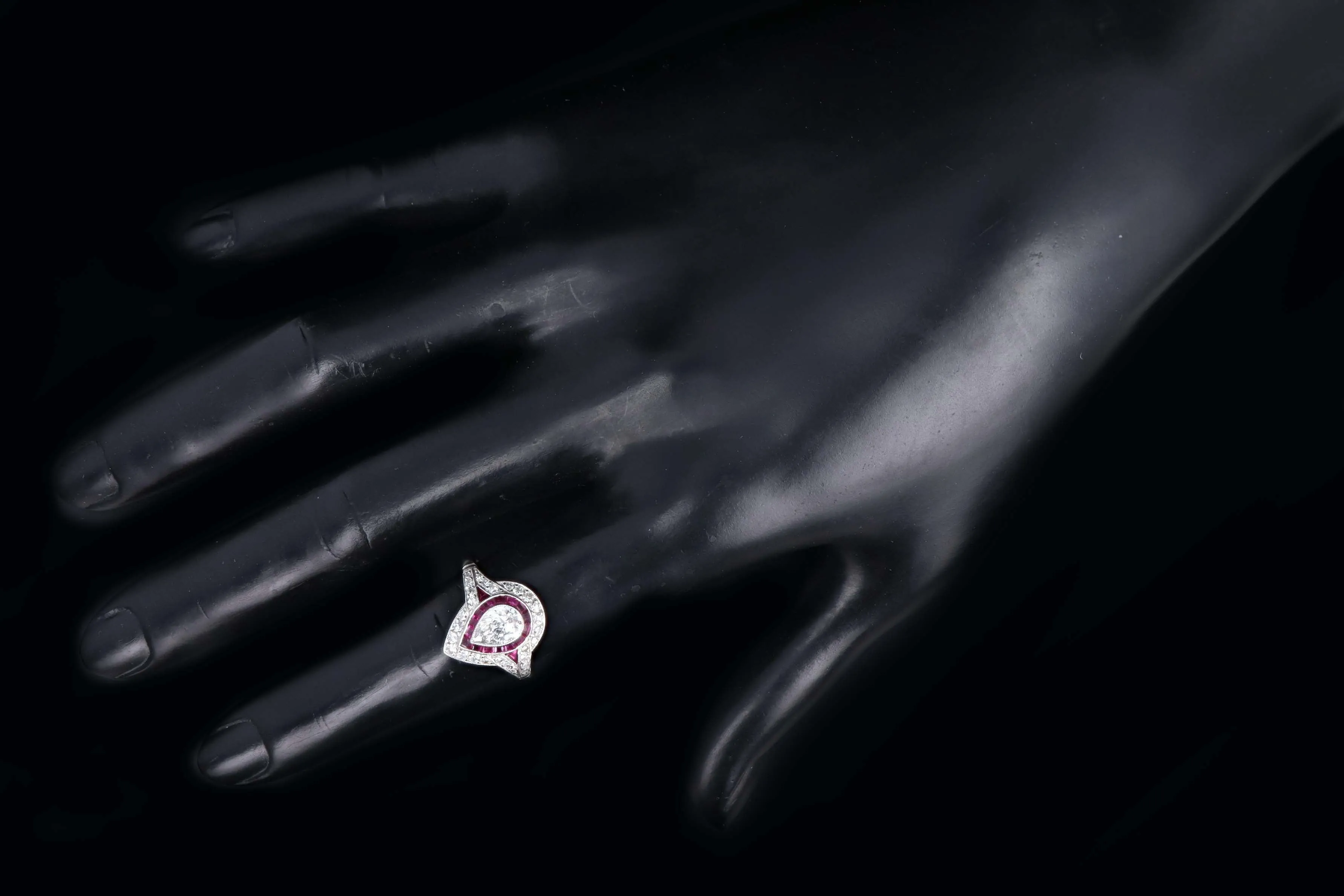 Art Deco Inspired .76 Carat Pear Cut Diamond & Natural Ruby Halo Engagement Ring