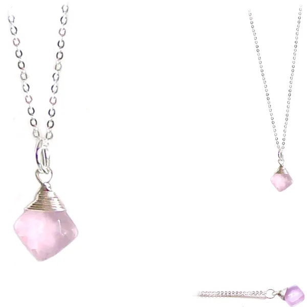 Artisan sterling silver necklace wire-wrapped Pink Chalcedony Briolette pendant ~18" plated chain