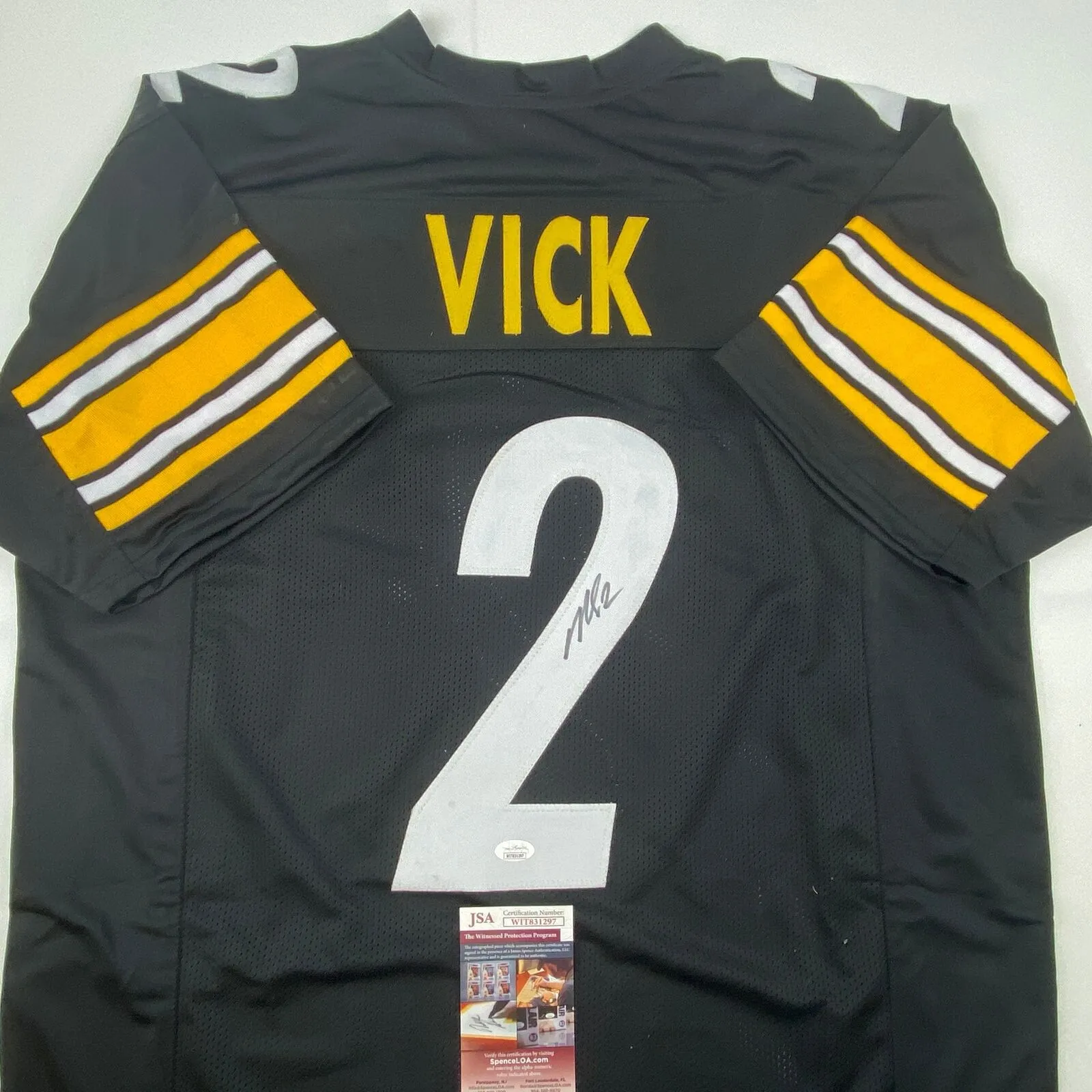 Autographed/Signed Michael Mike Vick Pittsburgh Black Football Jersey JSA COA