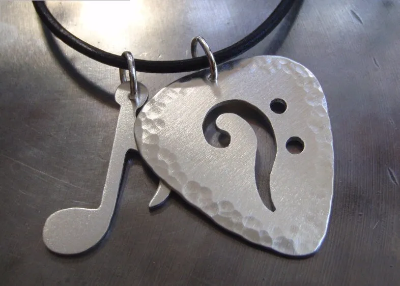 Bass Clef sterling silver guitar pick necklace with additional music note charm
