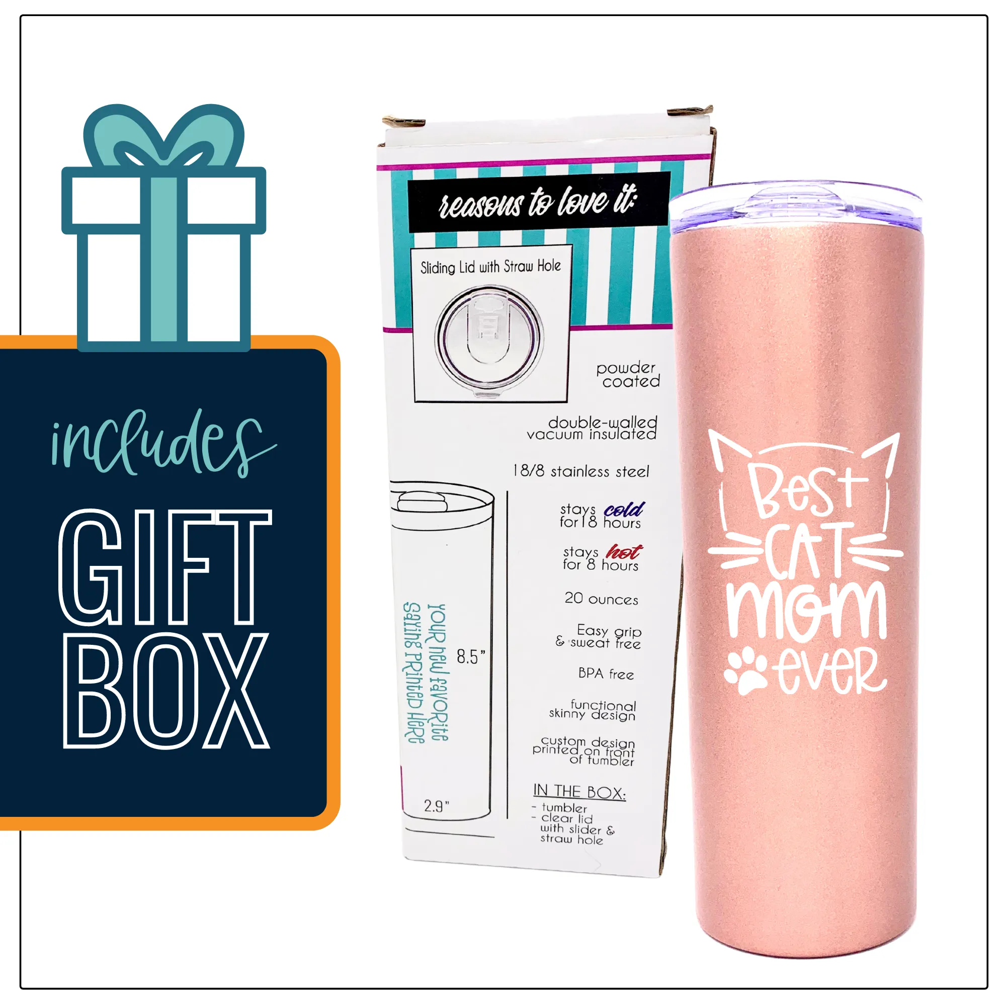 Best Cat Mom Ever 20 oz Rose Gold Skinny Tumbler for Cat Lovers