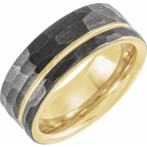 Black & 18K Yellow Gold PVD Tungsten 8 mm Grooved Size 13 Band With Hammer Finish