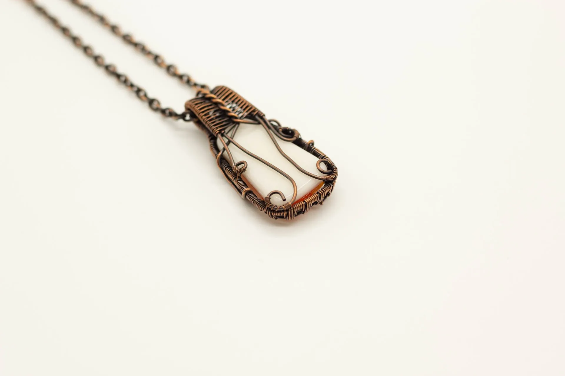 Bold Orange Fused Glass Pendant with Copper Wire Wrapping
