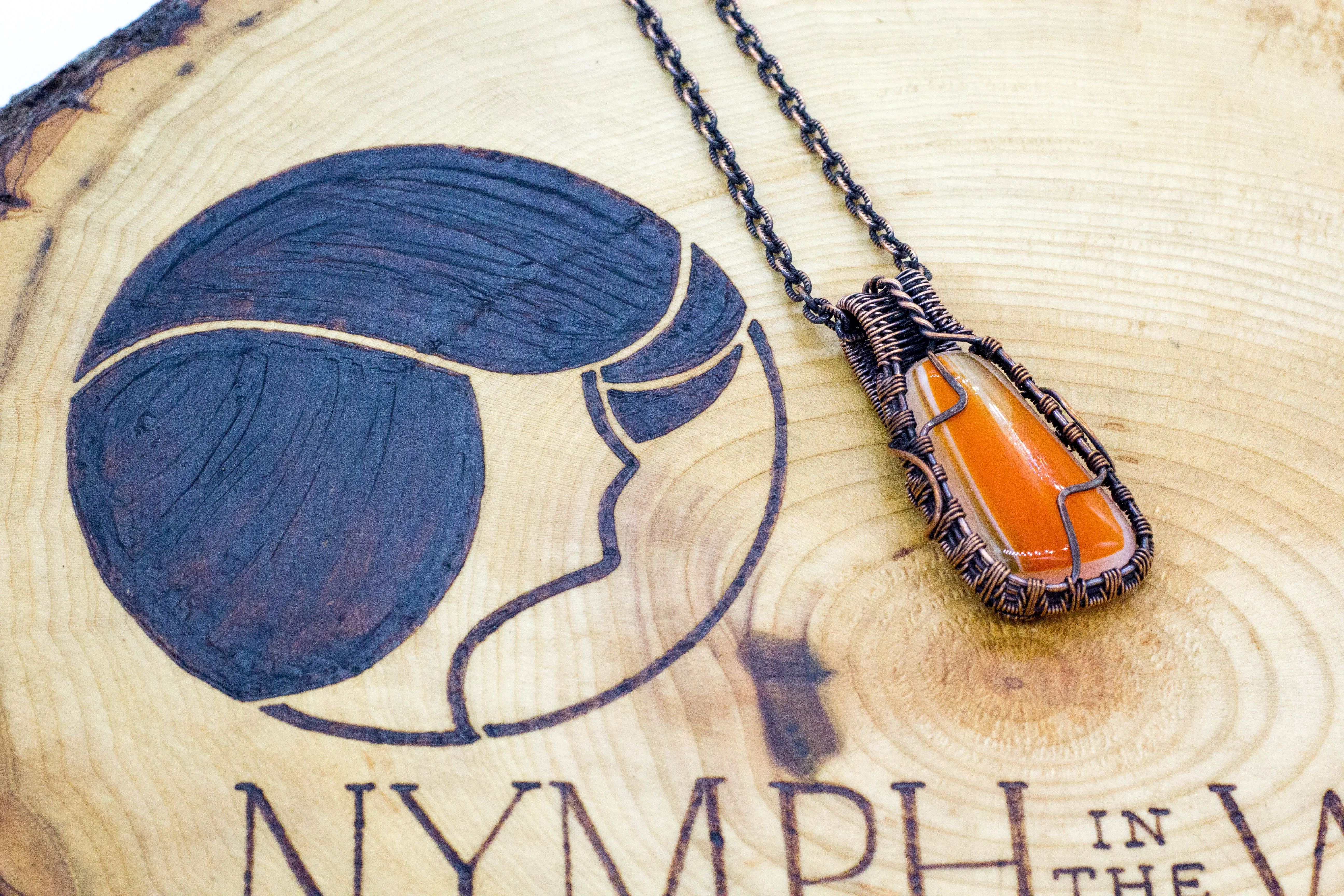 Bold Orange Fused Glass Pendant with Copper Wire Wrapping