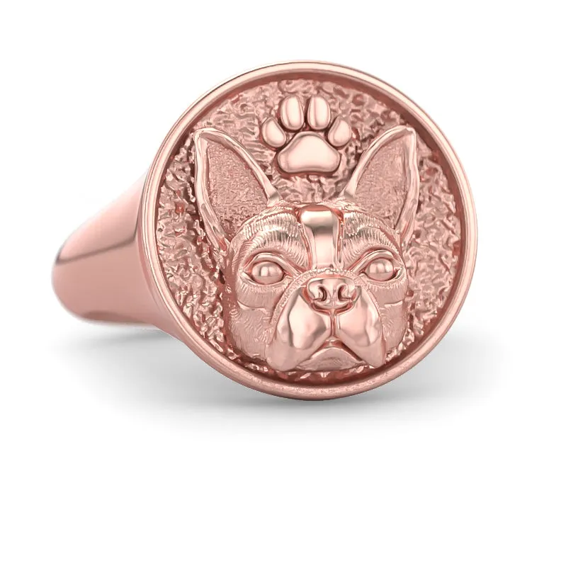 Boston Terrier Classic Round Signet Ring with Paw Print