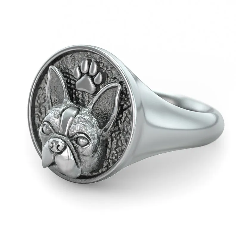 Boston Terrier Classic Round Signet Ring with Paw Print