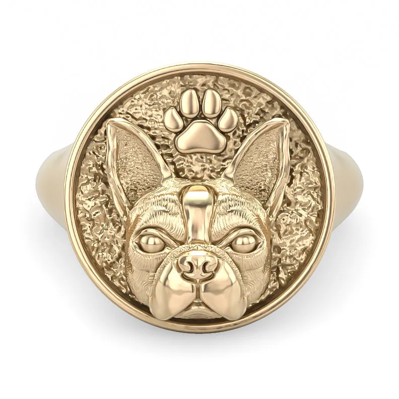 Boston Terrier Classic Round Signet Ring with Paw Print