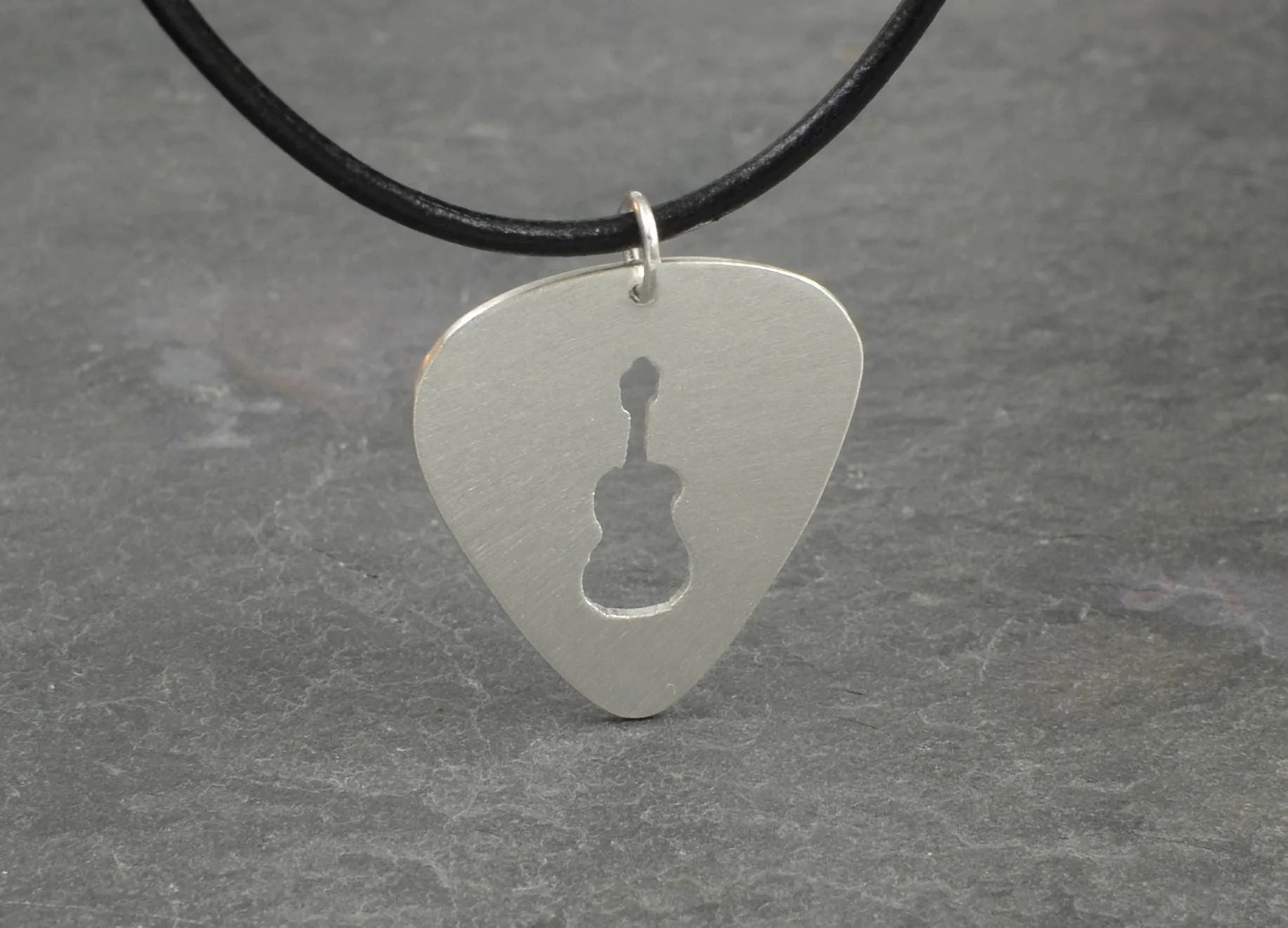 Bronze Guitar Pick Necklace with cutout Guitar Design
