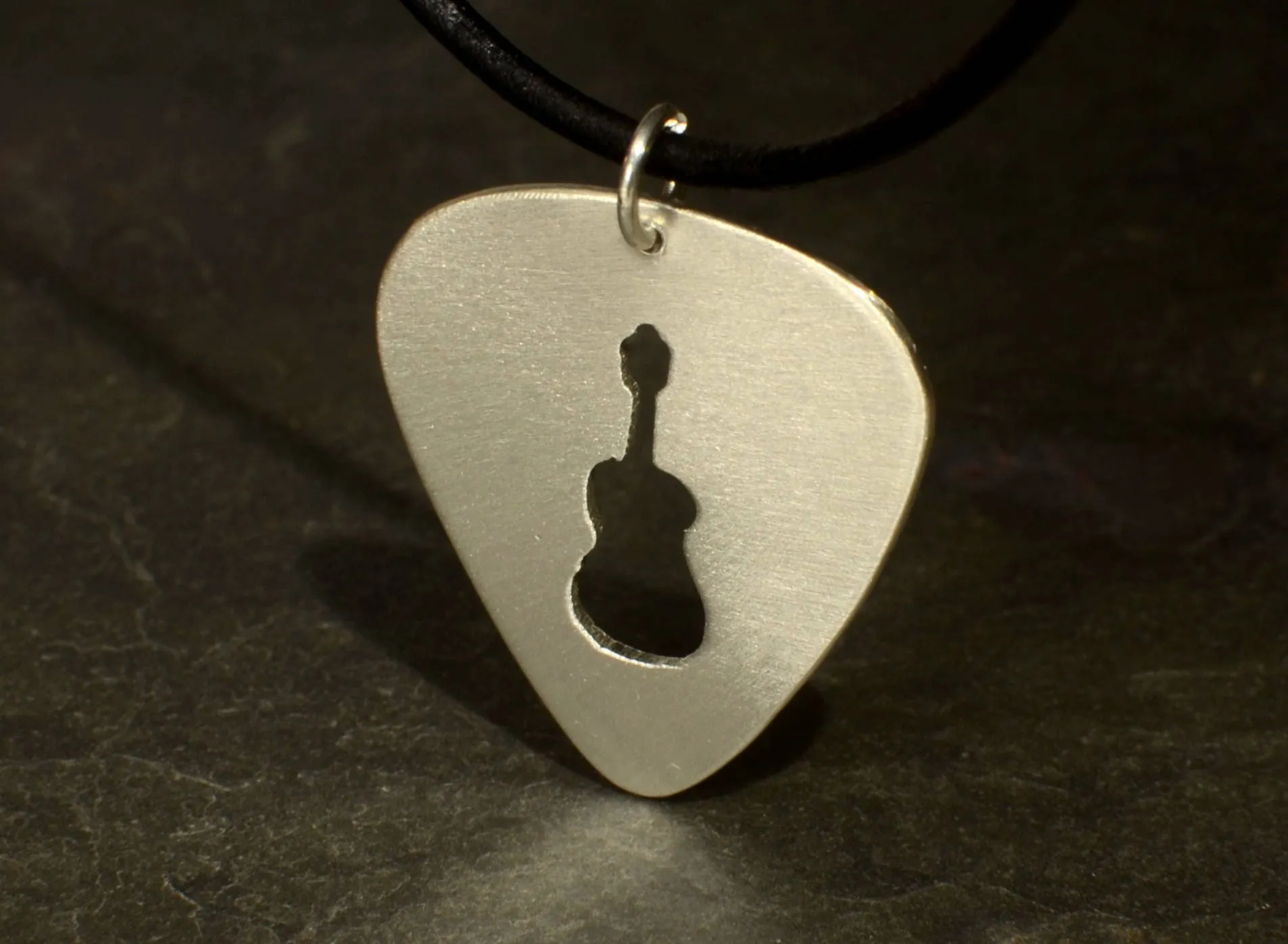 Bronze Guitar Pick Necklace with cutout Guitar Design