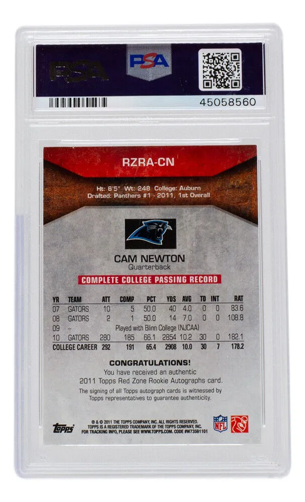 Cam Newton Signed 2011 Topps Rookie Red Zone #CN Panthers Football Card PSA/DNA