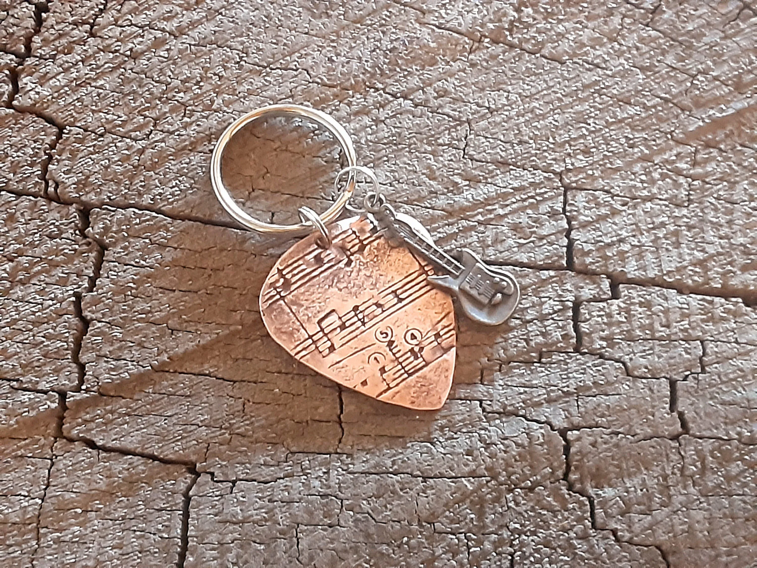 Copper guitar pick music note key chain and small brass guitar charm