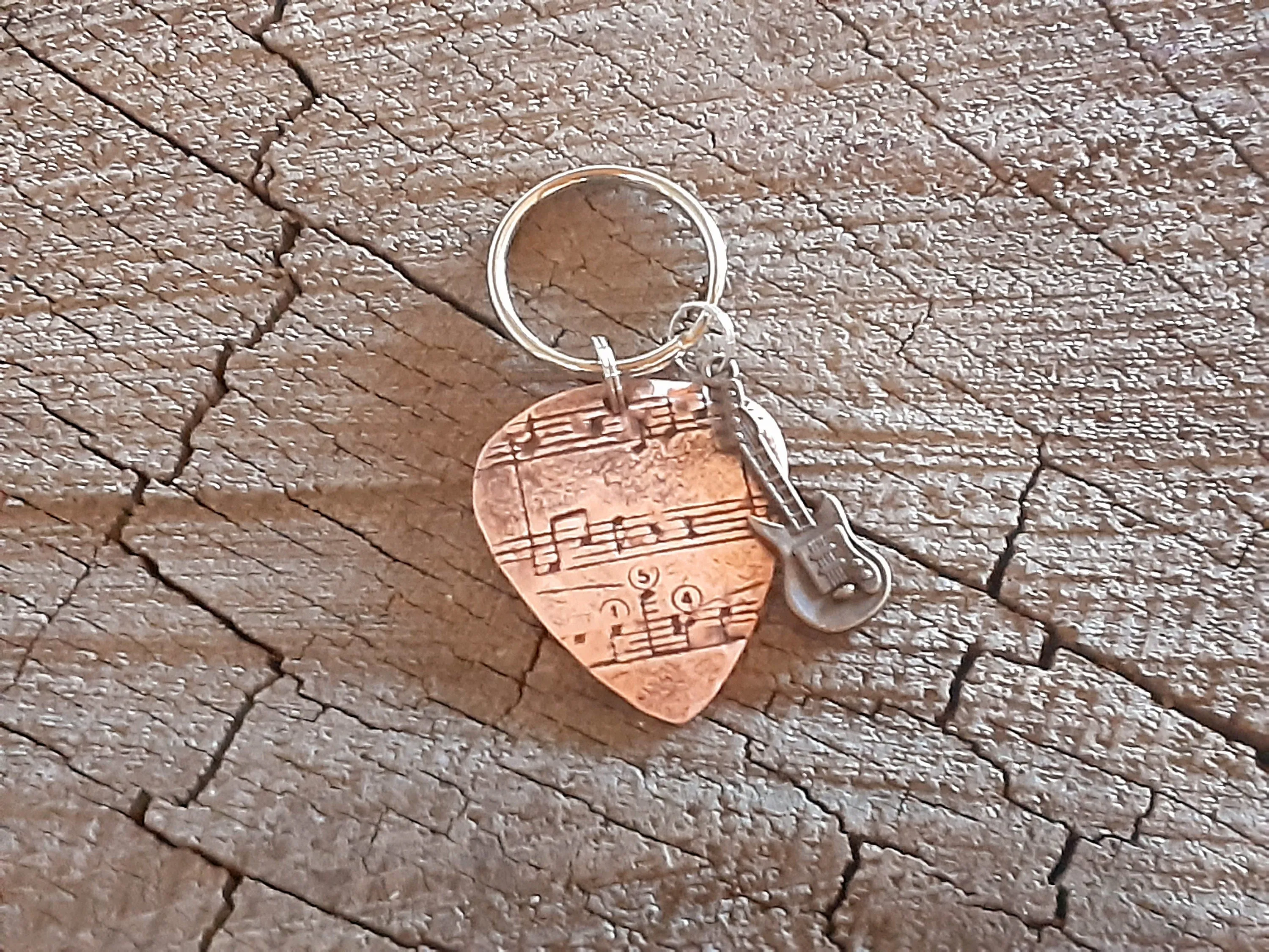 Copper guitar pick music note key chain and small brass guitar charm